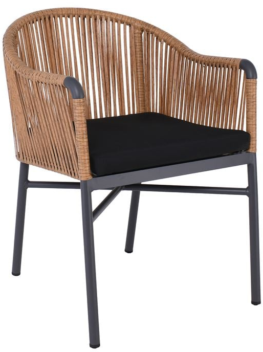WOODWELL Ε6781BRAGA Πολυθρόνα Βεράντας-Κήπου ALU Ανθρακί, Wicker Φυσικό, Μαξιλάρι Μαύρο 57x58x77cm Ε6781