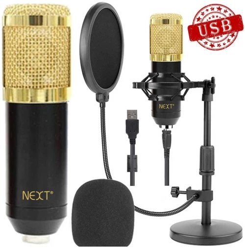 Next Σετ Πυκνωτικό Μικρόφωνο USB Επιτραπέζιο Shock Mounted για Φωνητικά - Χρυσό