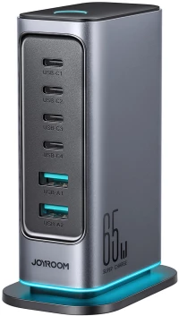 Joyroom Φορτιστής GaN Πολλαπλών Θυρών 65W 4x USB-C και 2x USB-A - Σκούρο Γκρι JR-TCM02