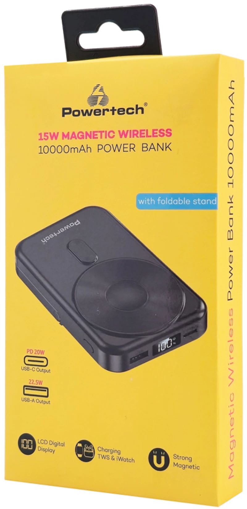 POWERTECH power bank με οθόνη PT-1416, 10000mah, magnetic wireless, 22.5W, μαύρο