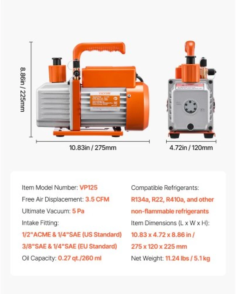 VEVOR Vacuum Pump 3.5 CFM HVAC Single Stage Rotary Vane Vacuum Pump Oil Included