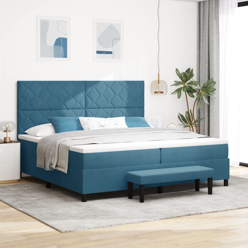 vidaXL Κρεβάτι Box Spring με Στρώμα & Πάγκο Σκούρο Μπλε 200x200 εκ. Βελούδο