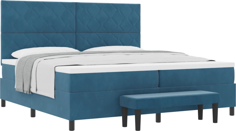 vidaXL Κρεβάτι Box Spring με Στρώμα & Πάγκο Σκούρο Μπλε 200x200 εκ. Βελούδο