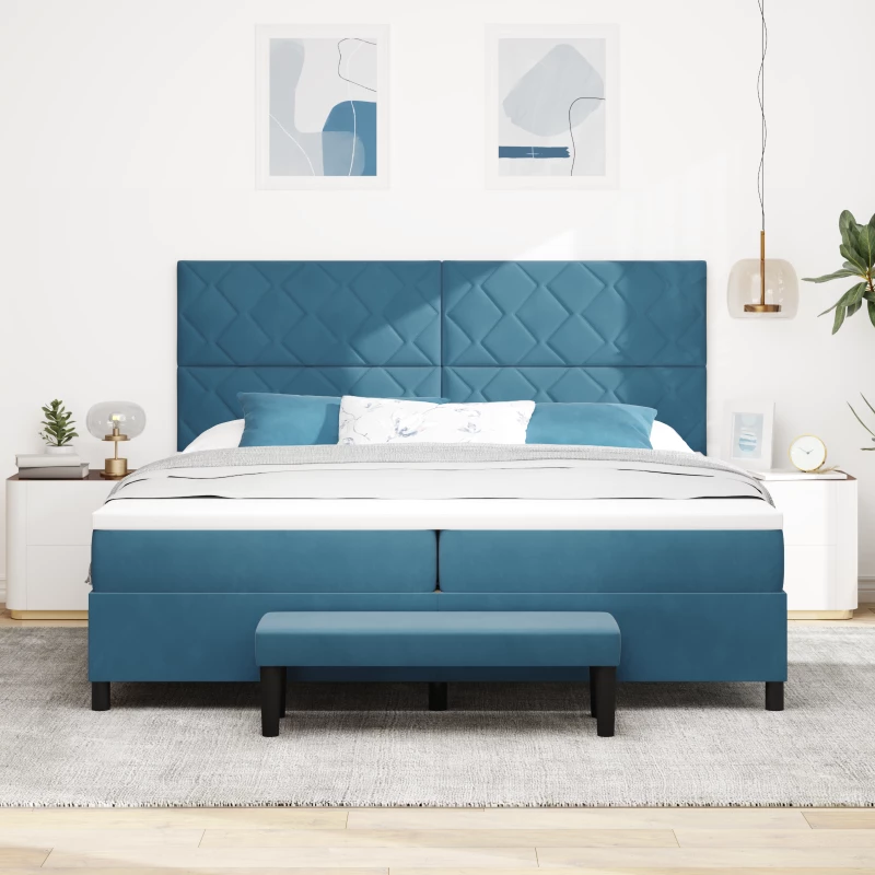 vidaXL Κρεβάτι Box Spring με Στρώμα & Πάγκο Σκούρο Μπλε 200x200 εκ. Βελούδο