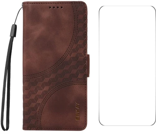For Xiaomi Redmi 14C ENKAY Embossed Rhombus Starry Leather Phone Case with Screen Film(Brown) (ENKAY)
