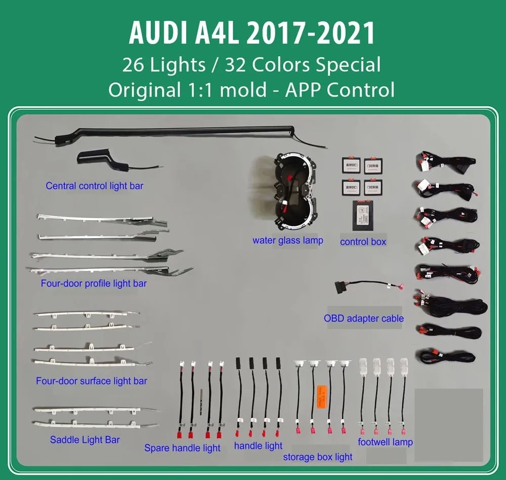 DIQ AMBIENT AUDI A4L LASER (8W) mod. 2017-2021 (Digital iQ Ambient Light for Audi A4L mod. 2017-2021, 26 Lights) DIQ AMBIENT AUDI A4L LASER (8W)