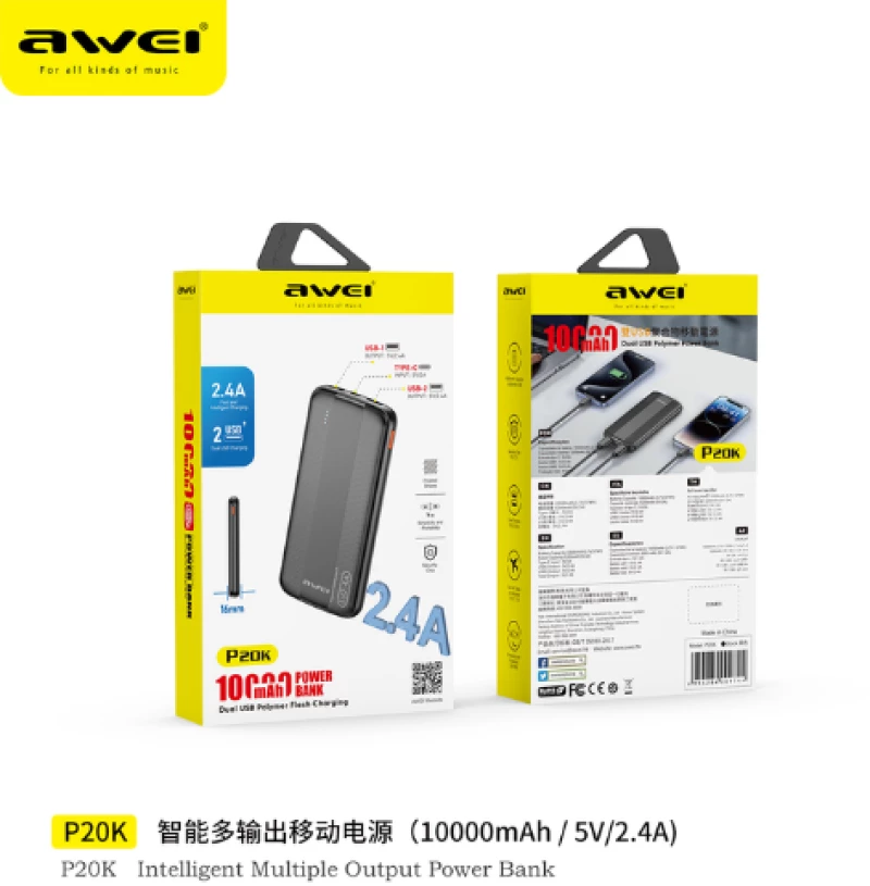 Awei P20K Power Bank 10000 mAh – Διπλός Φορτιστής USB‑A Μαύρο