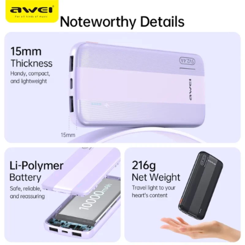 Awei P20K Power Bank 10000 mAh – Διπλός Φορτιστής USB‑A Μαύρο