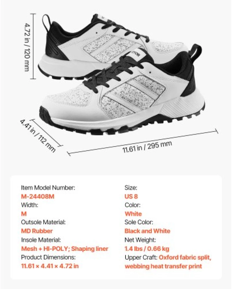 VEVOR Cross Training Shoes M Width Sneakers UK Size 7 Wide Toe Box Shoes White