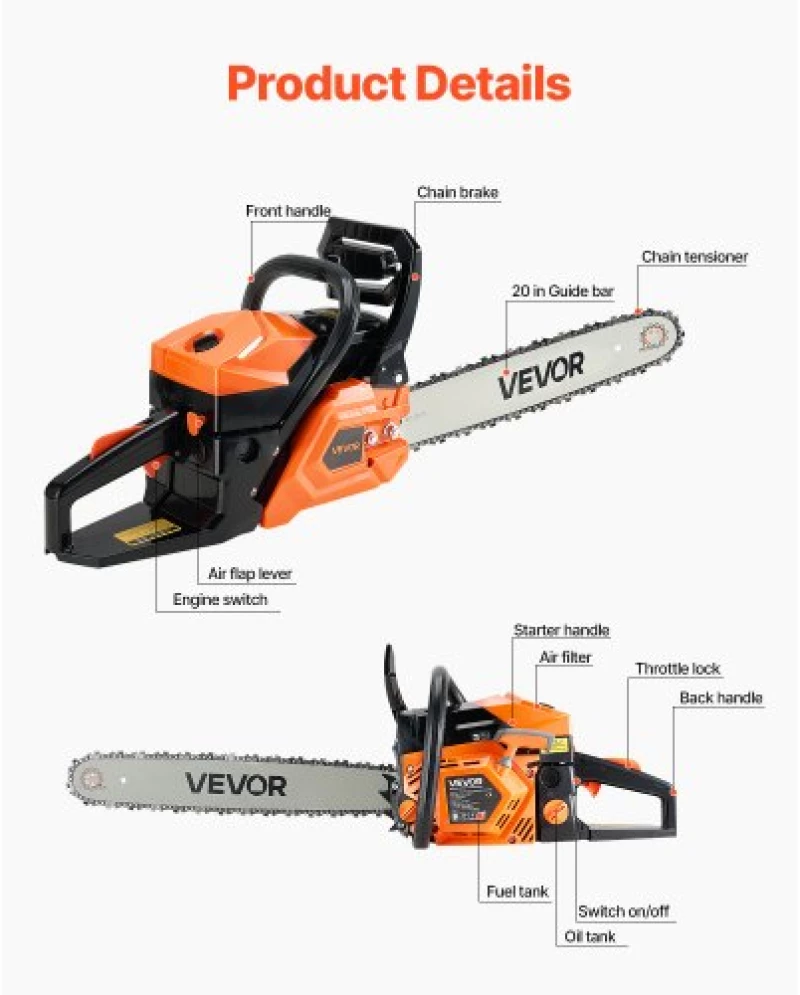 VEVOR 62cc Gas Chainsaw 3.6 HP Gas Powered 20 inch Chainsaw For Wood Cutting