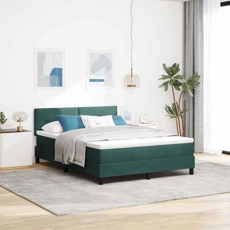 vidaXL Κρεβάτι Box Spring με Στρώμα & LED Σκούρο Πράσινο 140x190 εκ Βαμβακερό