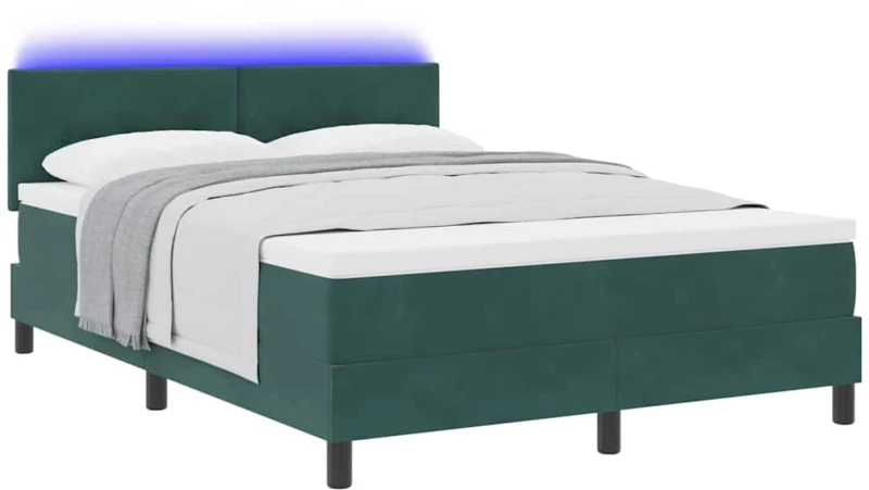 vidaXL Κρεβάτι Box Spring με Στρώμα & LED Σκούρο Πράσινο 140x190 εκ Βαμβακερό