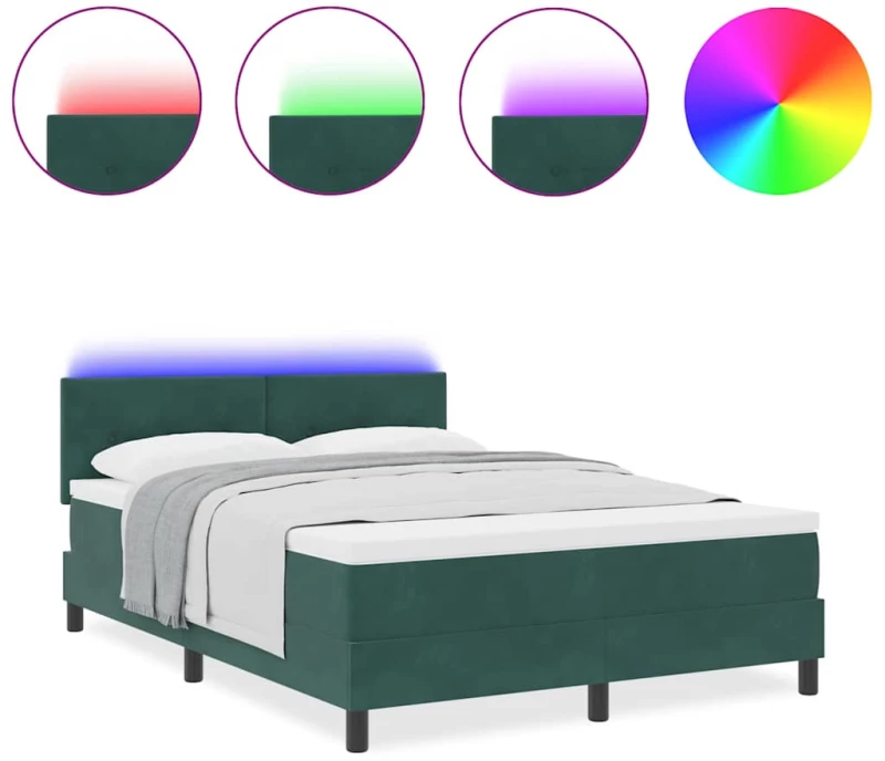 vidaXL Κρεβάτι Box Spring με Στρώμα & LED Σκούρο Πράσινο 140x190 εκ Βαμβακερό