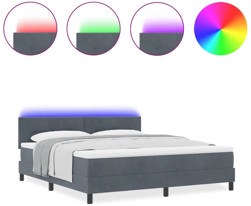 Κρεβάτι Box Spring με Στρώμα & LED vidaXL Σκούρο Γκρι 180x200 εκ Βελούδο