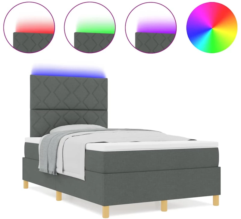 vidaXL Κρεβάτι Box Spring της με στρώμα & LED σκούρο γκρι 120x200 εκ. ύφασμα