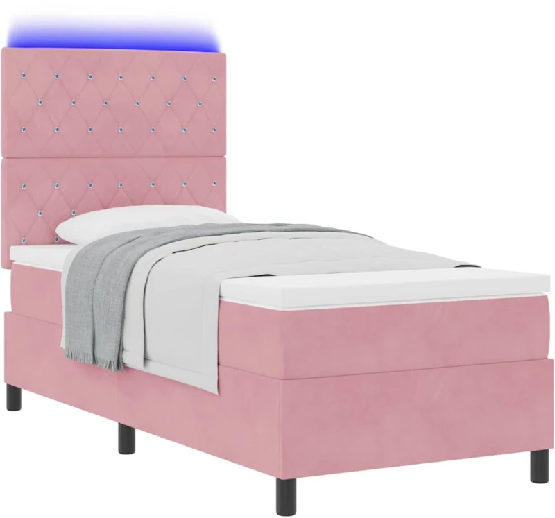 vidaXL Κρεβάτι Box Spring με Μαξιλάρι & LED Ροζ 90x190 εκ Βελούδινο