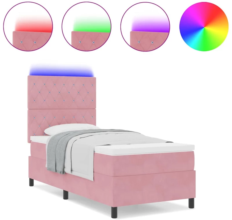 vidaXL Κρεβάτι Box Spring με Μαξιλάρι & LED Ροζ 90x190 εκ Βελούδινο