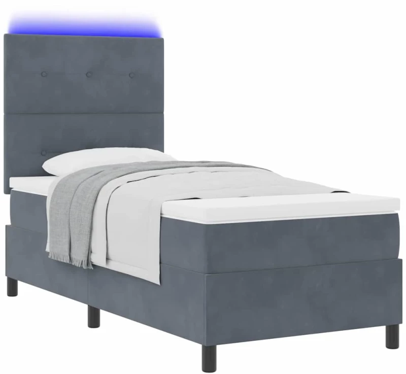 vidaXL Κρεβάτι Box Spring με Στρώμα & LED Σκούρο Γκρι 100x200 εκ Βελούδο