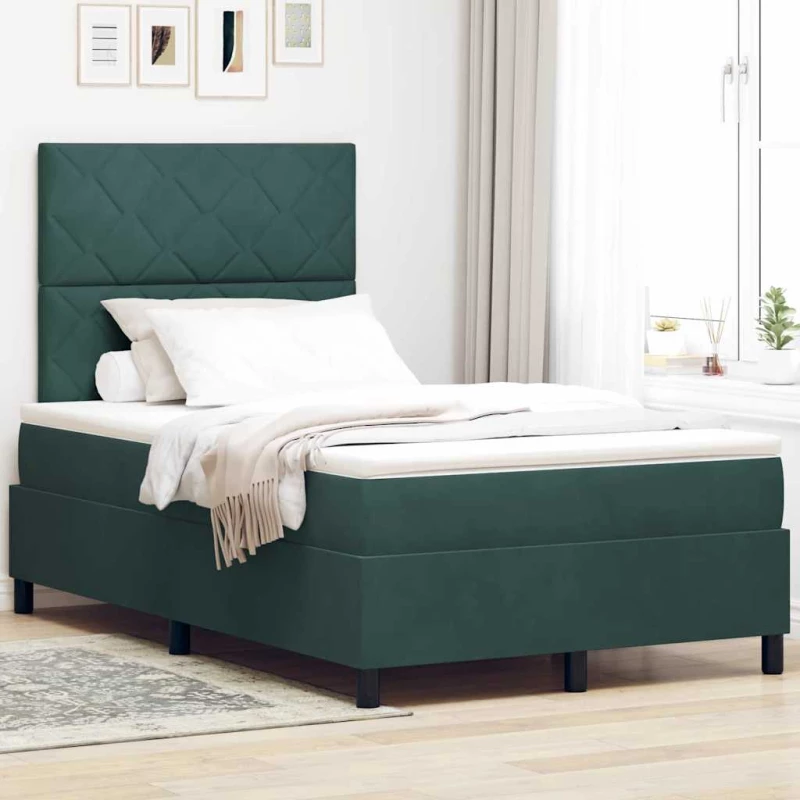 vidaXL Κρεβάτι Box Spring με Στρώμα & LED Σκούρο Πράσινο 120x200 εκ Βελούδο