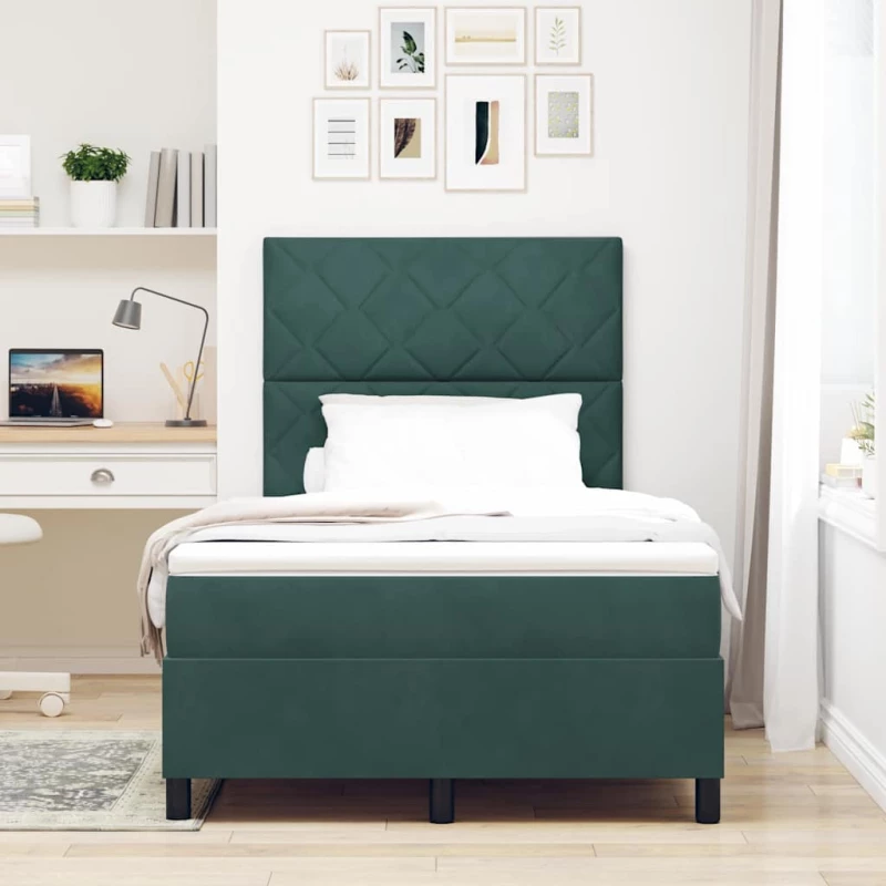 vidaXL Κρεβάτι Box Spring με Στρώμα & LED Σκούρο Πράσινο 120x200 εκ Βελούδο