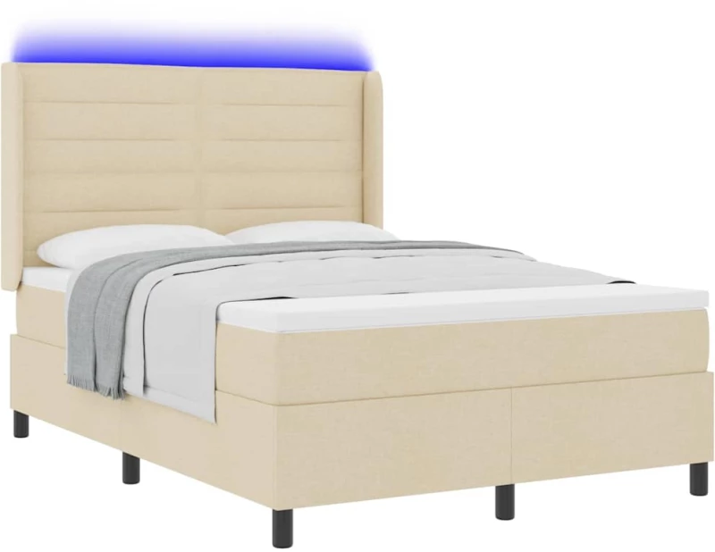 Κρεβάτι Box Spring με Στρώμα & LED Κρεμ 140x200 εκ. Ύφασμα