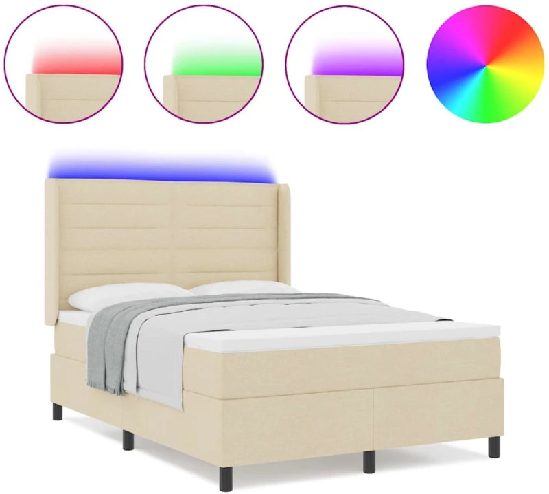 Κρεβάτι Box Spring με Στρώμα & LED Κρεμ 140x200 εκ. Ύφασμα