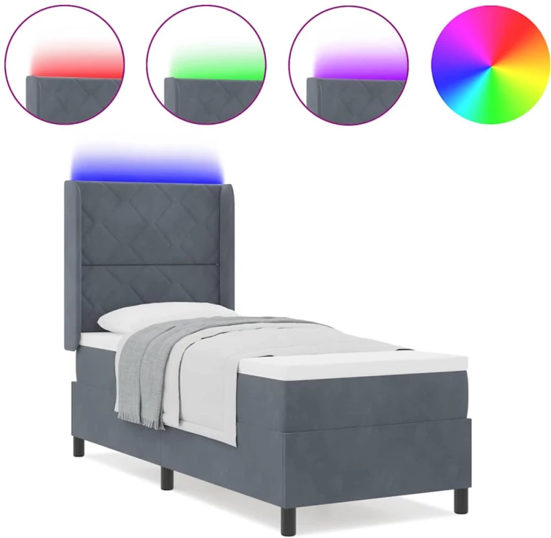 vidaXL Κρεβάτι Box Spring με Στρώμα & LED Σκούρο Γκρι 80x200 εκ. Βελούδο