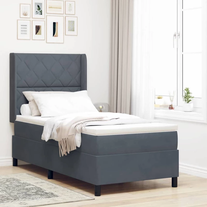 κρεβάτι Box Spring με στρώμα και LED vidaXL Γκρι 90x200 εκ Βελούδο