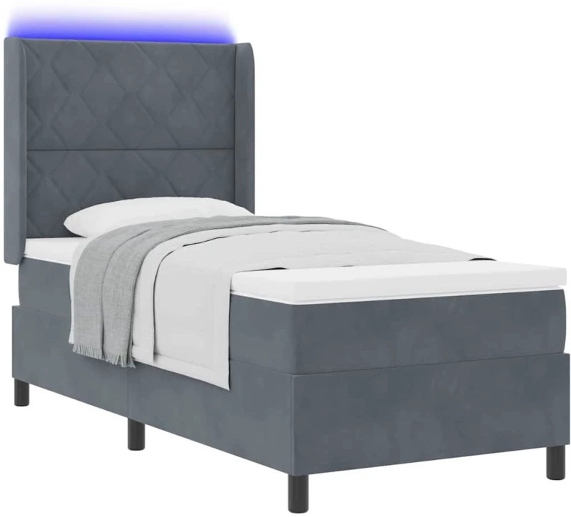 κρεβάτι Box Spring με στρώμα και LED vidaXL Γκρι 90x200 εκ Βελούδο