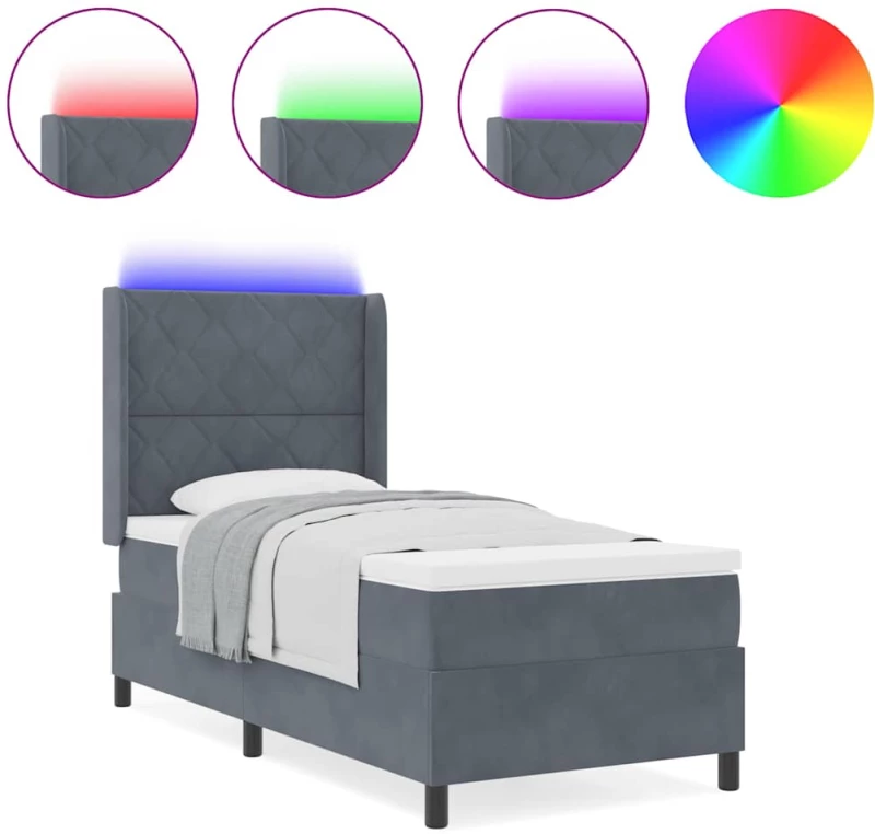 κρεβάτι Box Spring με στρώμα και LED vidaXL Γκρι 90x200 εκ Βελούδο