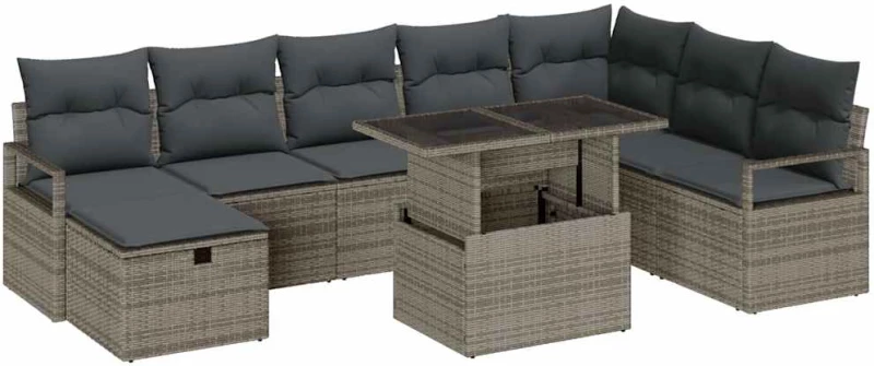 vidaXL σετ κήπου 9 τεμαχίων με γκρι πολυ-ρατάν και μαξιλάρια