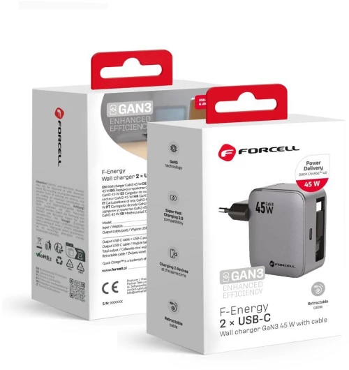 Forcell F-Energy Gan Iii Vt-R5 Travel Charger With Retractable Cable Type C And Type C Charging Port Pd Qc4.0 3A 45W Gray