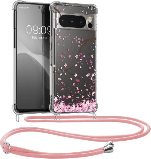 Θήκη Google Pixel 8 Pro - KWmobile Crystal TPU Necklace Διάφανη Σιλικόνης με Λουράκι Λαιμού - Cherry Blossoms / Cherry Petals / Pink / Dark Brown / Transparent (61866.02)
