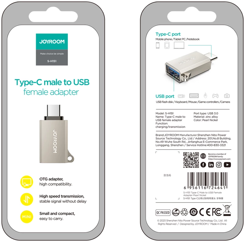 Joyroom S-H151 USB-C (male) / USB-A (female) Adapter with Lanyard Eyelet - Silver