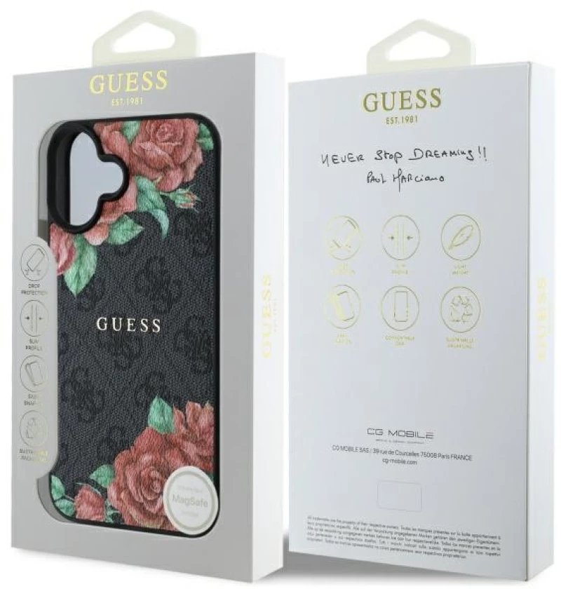 Guess GUHMP16SP4ROPEMCK iPhone 16 6.1" black/black hardcase 4G Flowers Print MagSafe