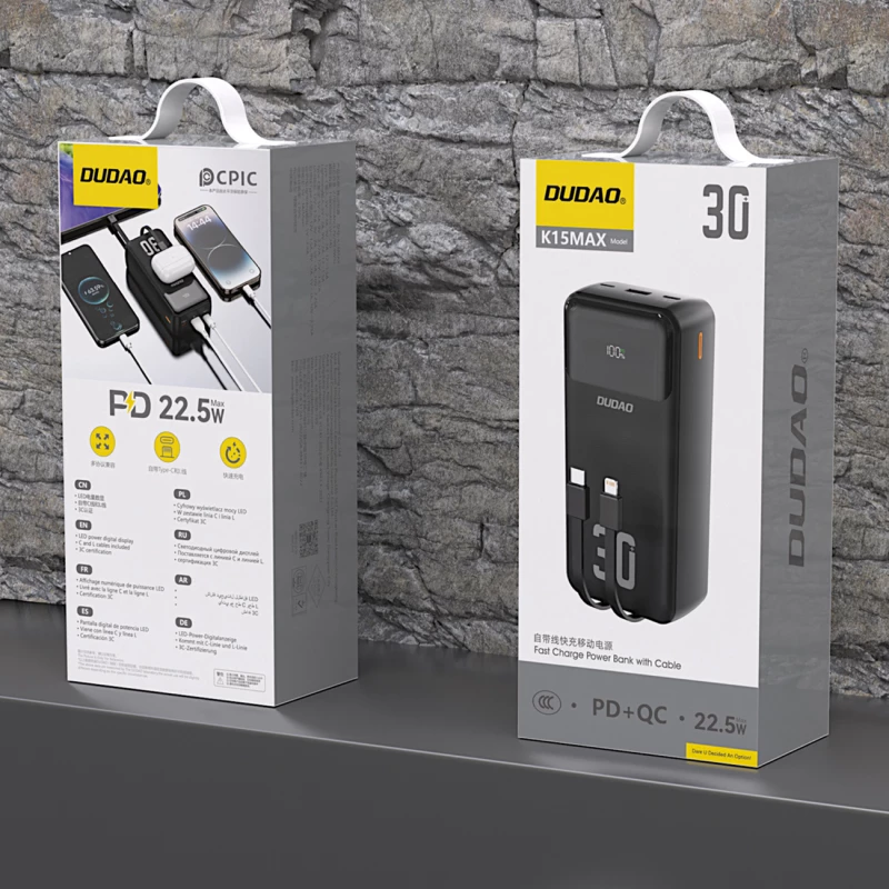 Dudao K15MAX 30000mAh PD 22.5W Powerbank with Built-in Cables - Black
