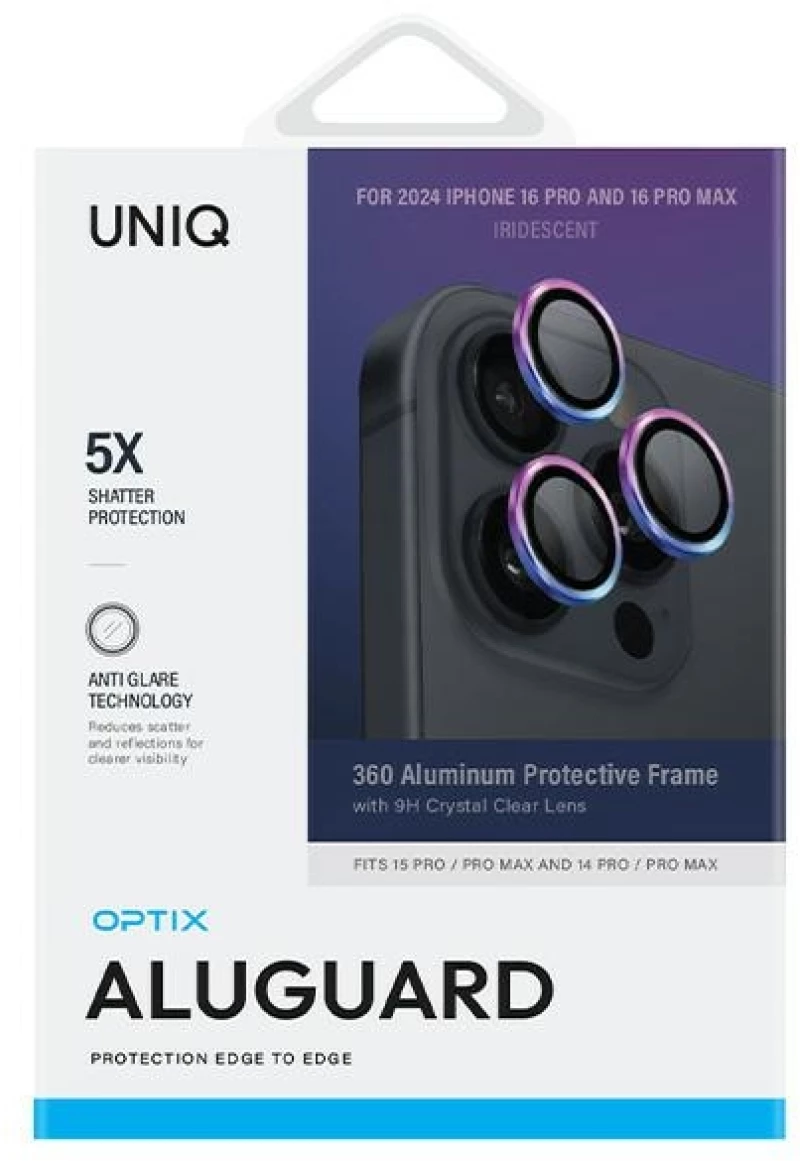 Uniq Optix Aluminum Camera Lens Protector iPhone 16 Pro 6.3" / 16 Pro Max 6.9" iridescent camera lens glass with applicator