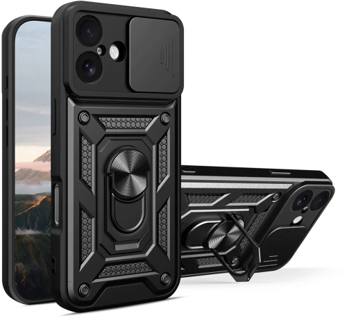 Hybrid Armor Camshield iPhone 17 Case with Stand and Camera Cover - Black