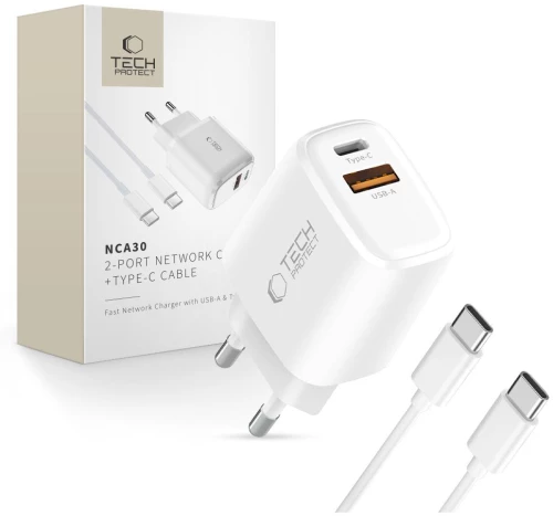 Tech-Protect NCA30 PD 30W QC3.0 USB-A / USB-C Wall Charger + USB-C / USB-C Cable 100cm - White