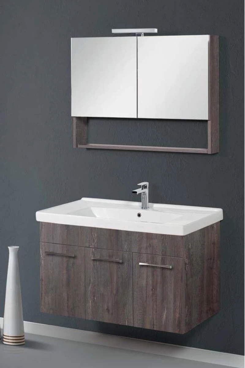 Έπιπλο Μπάνιου Cappuccino MDF Laminate Βάση, Καθρέπτης, Νιπτήρας 90cm 001