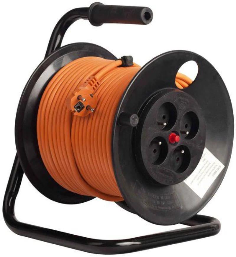 Bachmann B392.250 Drum Reel 4 Sockets 50m Right Schuko Plug Protections Overload Contact Thermal Orange Color
