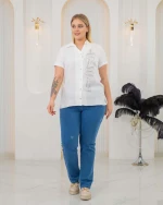 FUN γυναικείο πουκάμισο bigsize με στρας σχέδιο 100% λινο