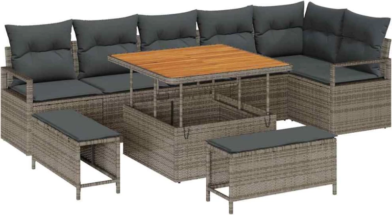 vidaXL Σετ Καναπέ Κήπου με μαξιλάρι 9 pcs Γκρι Πολυ ράταν