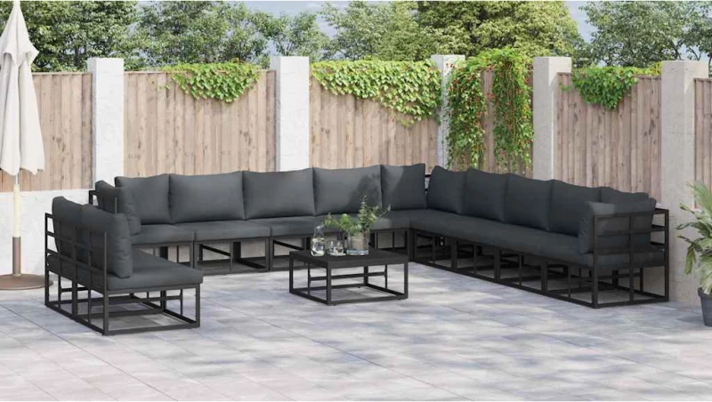 vidaXL Σετ Καναπέ Κήπου με μαξιλάρι 11 pcs Μαύρο Αλουμίνιο