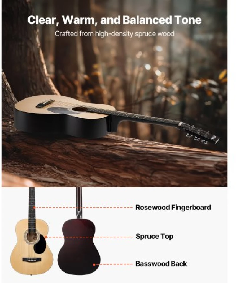 VEVOR 39 in Dreadnought Acoustic Guitar Natural Beginner Bundle Gig Bag Adult