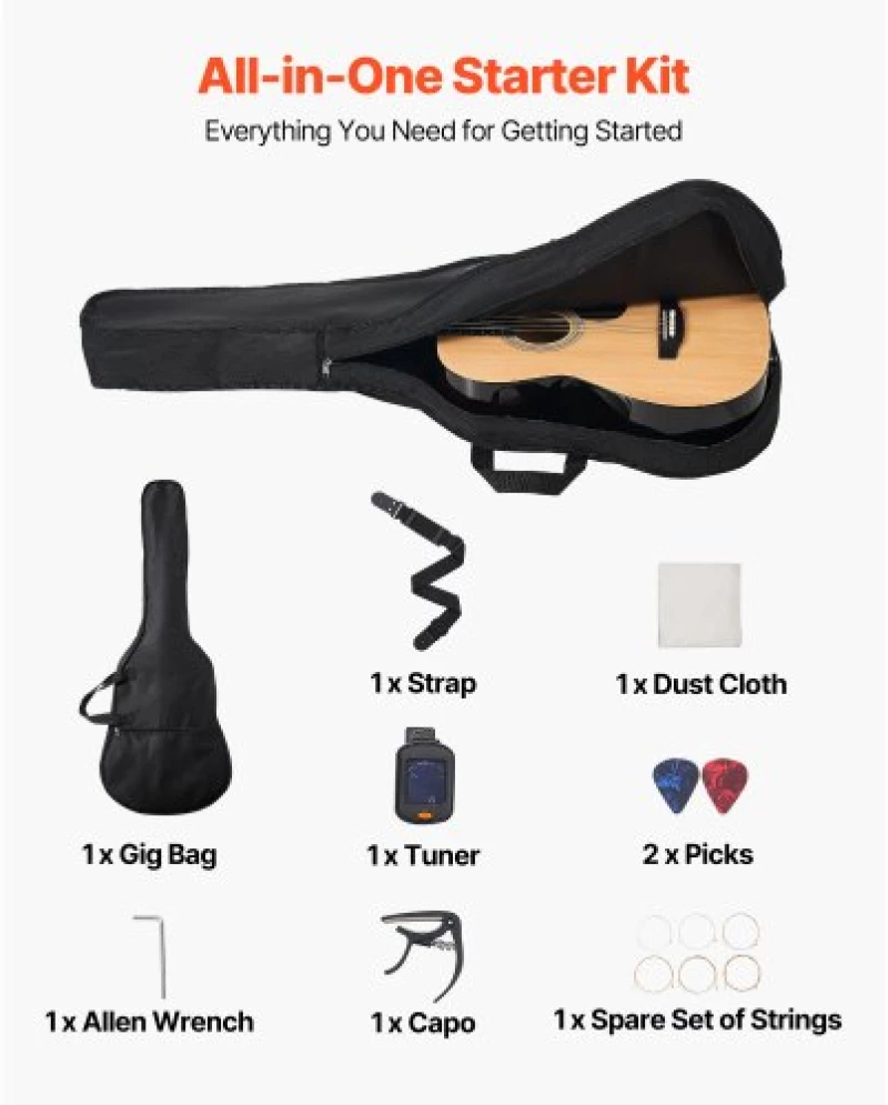 VEVOR 39 in Dreadnought Acoustic Guitar Natural Beginner Bundle Gig Bag Adult