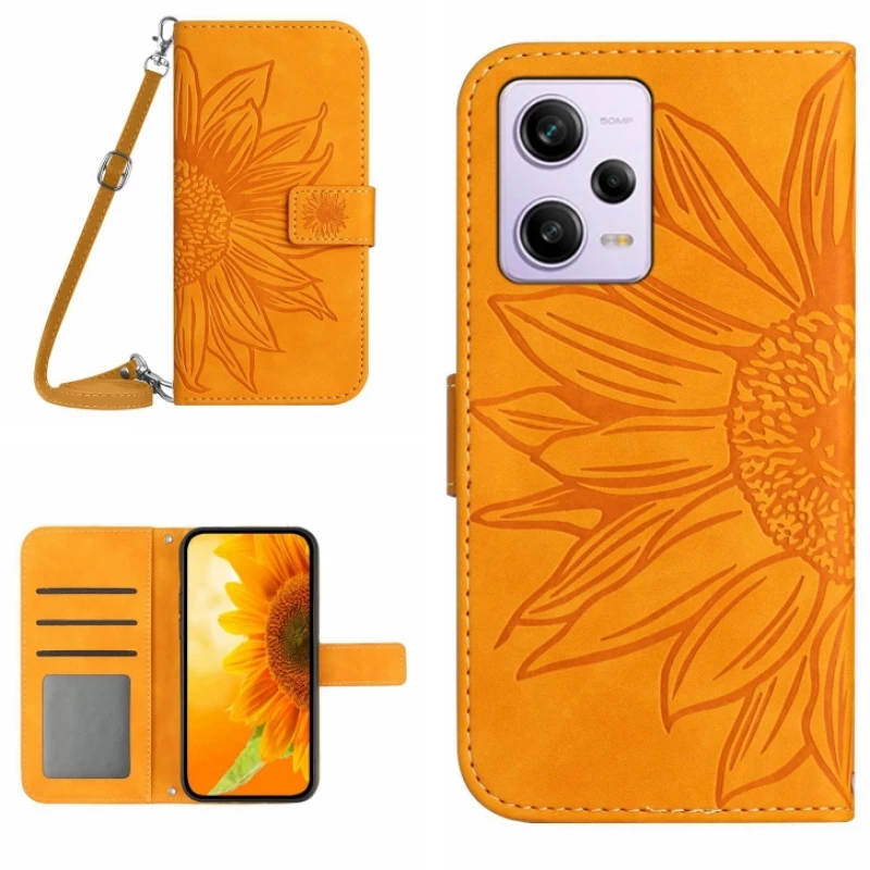 For Xiaomi Redmi Note 12 Pro+ China / Global / Note 12 Explorer Skin Feel Sun Flower Pattern Flip Leather Phone Case with Lanyard(Yellow)