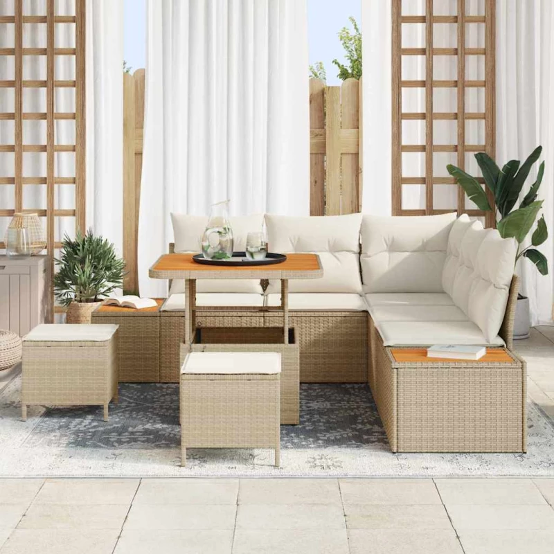 vidaXL Σετ Καναπέ Κήπου με μαξιλάρι 8 pcs Μπεζ Πολυ ράταν