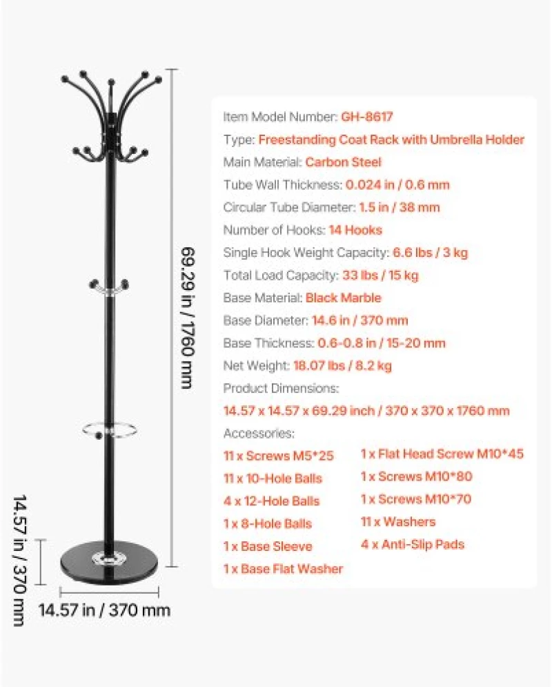 VEVOR Freestanding Coat Rack Stable Marble Base with Umbrella Holder & 14 Hooks