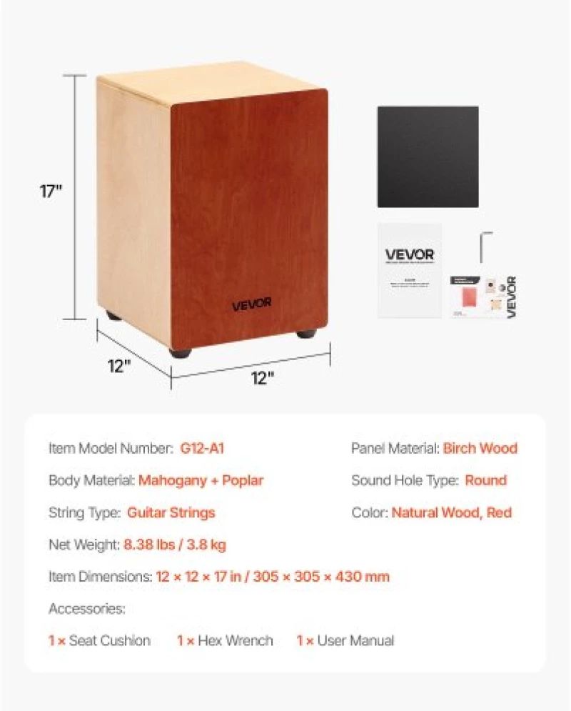 VEVOR Cajon Box Drum Wooden Percussion Instrument with Guitar Strings Birch Wood